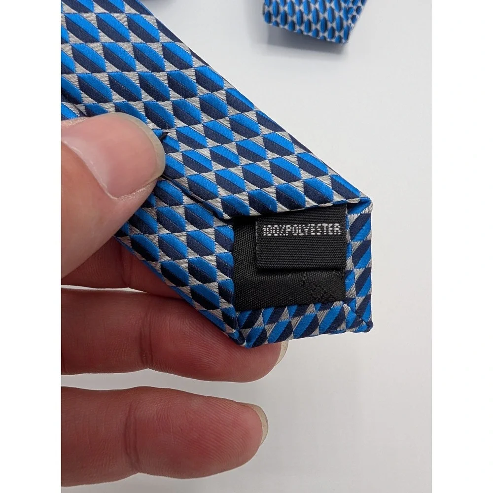 Bergamo New York Men's Necktie Blue Silver Geometric Jacquard Polyester Handmade
